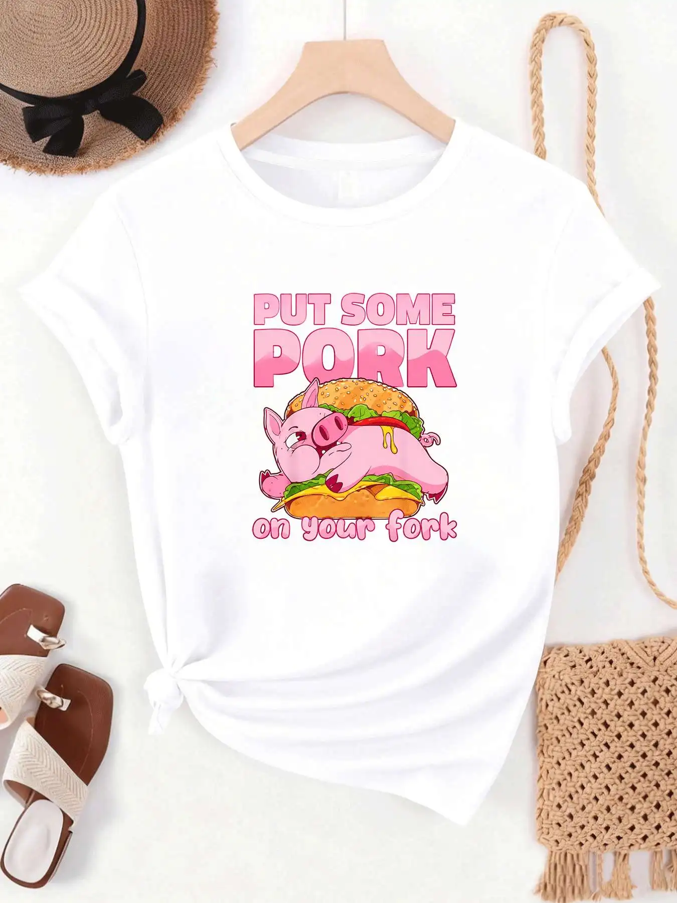 【MYJ062654】Beer Festival women's T-shirt with grilled pork pig pattern round neck short sleeved T-shirt for women