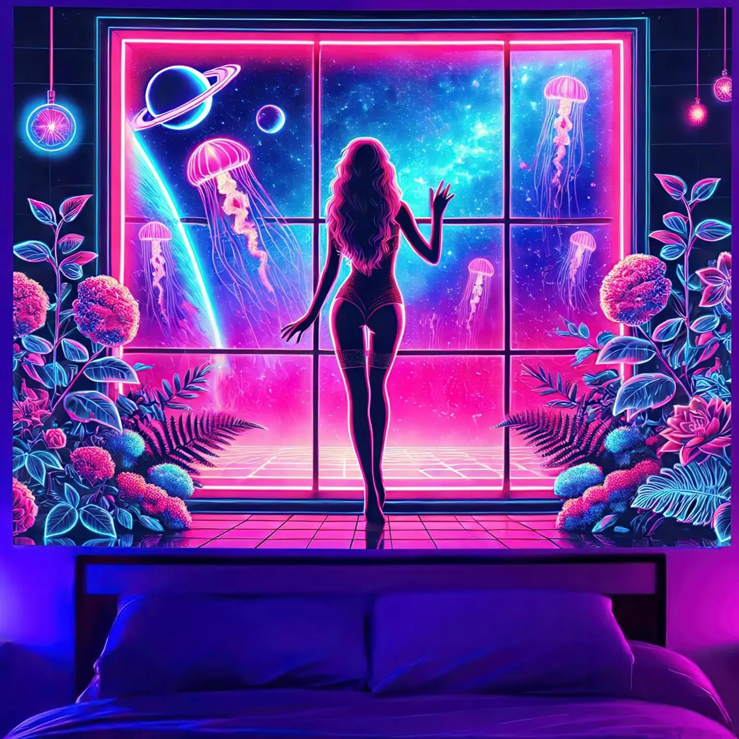 Neon Girl Tapestry - Vaporwave Window View Wall Art, Jellyfish Planet Decor, Retro Futuristic Bedroom, Multiple Sizes