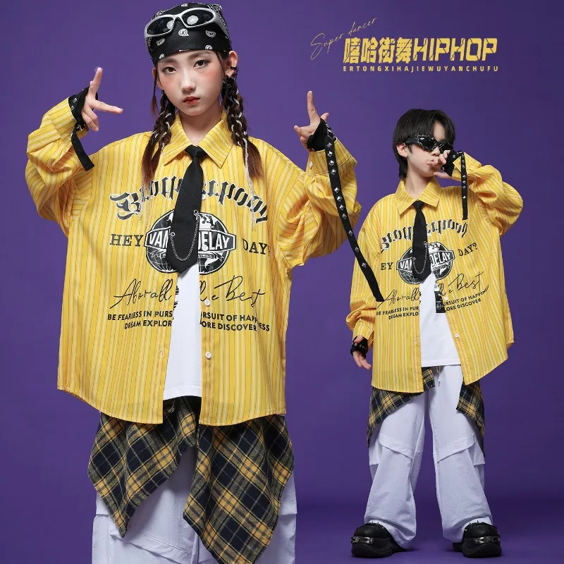 الأطفال الأصفر مخطط الاطفال الجاز الرقص الشارع أزياء رقص الأمريكية مخطط قميص الهيب هوب أداء ملابس الفتيات الجاز #2