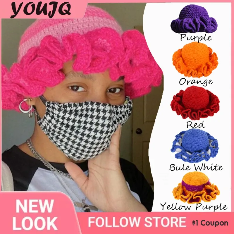 Unique Crochet Ruffles Bucket Hat Handmade Woolen Tiktok Sun Hat for Women