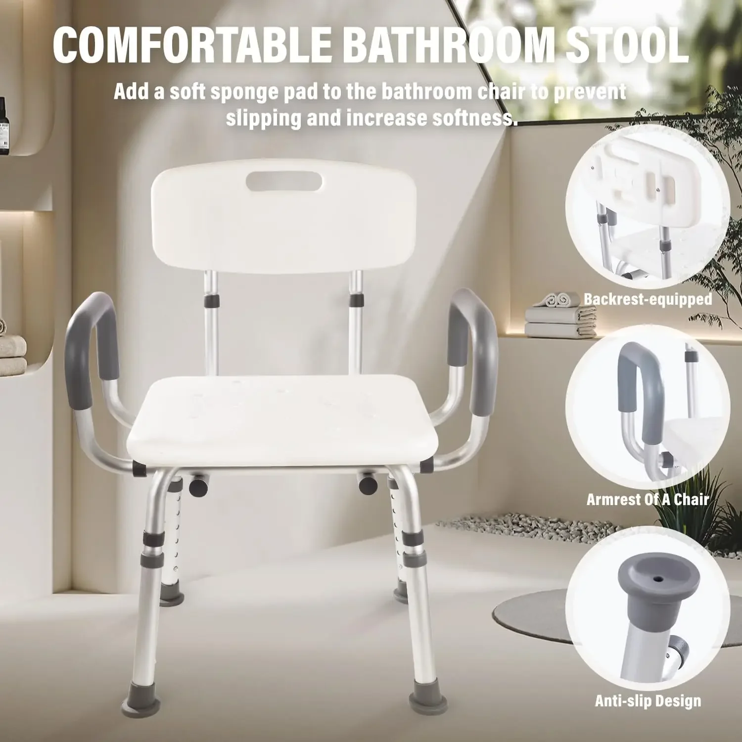 Bathroom Chair, Padded Armrest Bathtub Chair, Anti-Slip, Adjustable Height, Load-Bearing Capacity of 350 Pounds, Bathroom Decora image 5