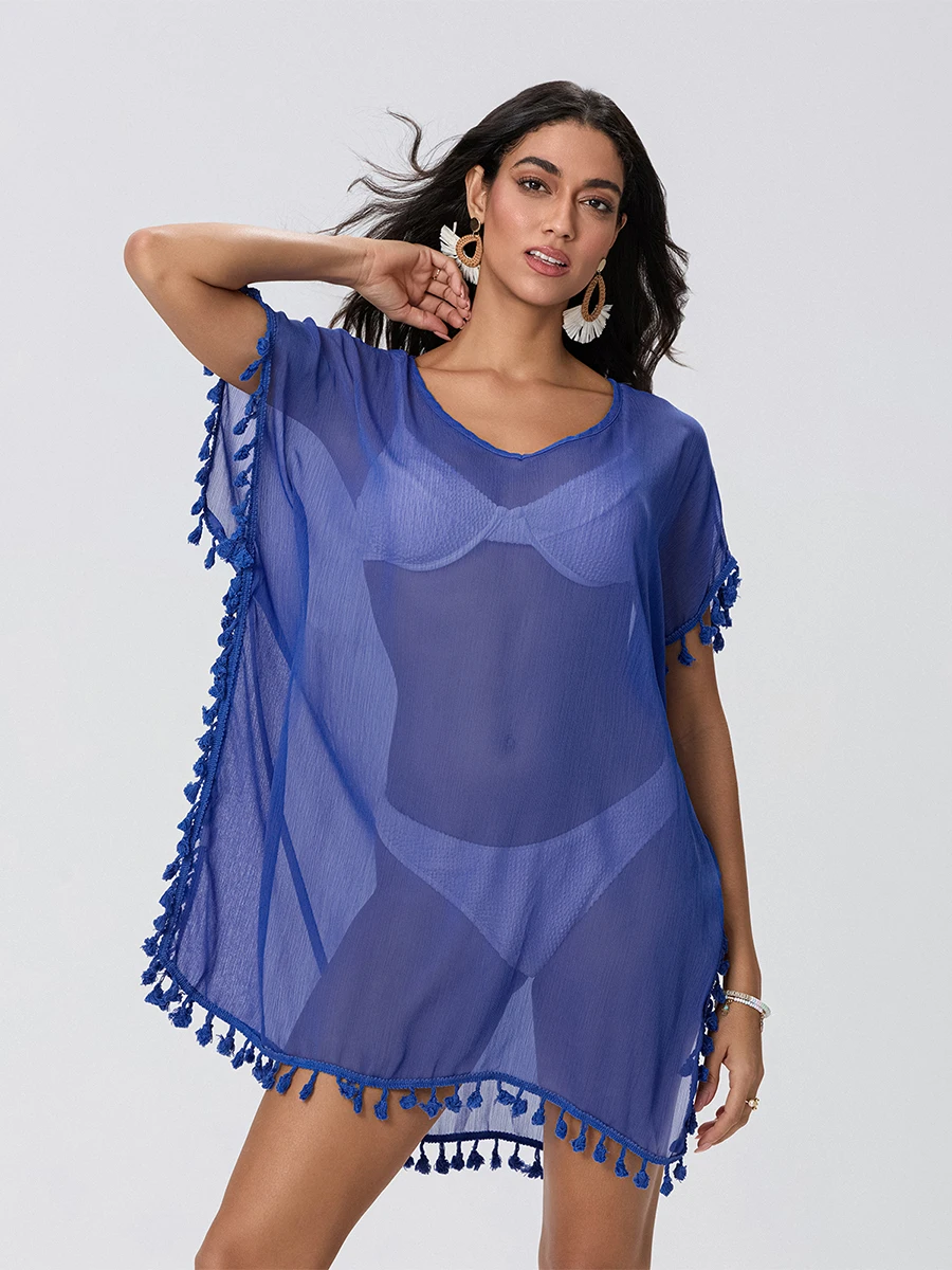 Donne nappa Trim Bikini Cover Up Beach Dress tinta unita See-Through Beachwear costume da bagno Summer Mini Dress Cover-up