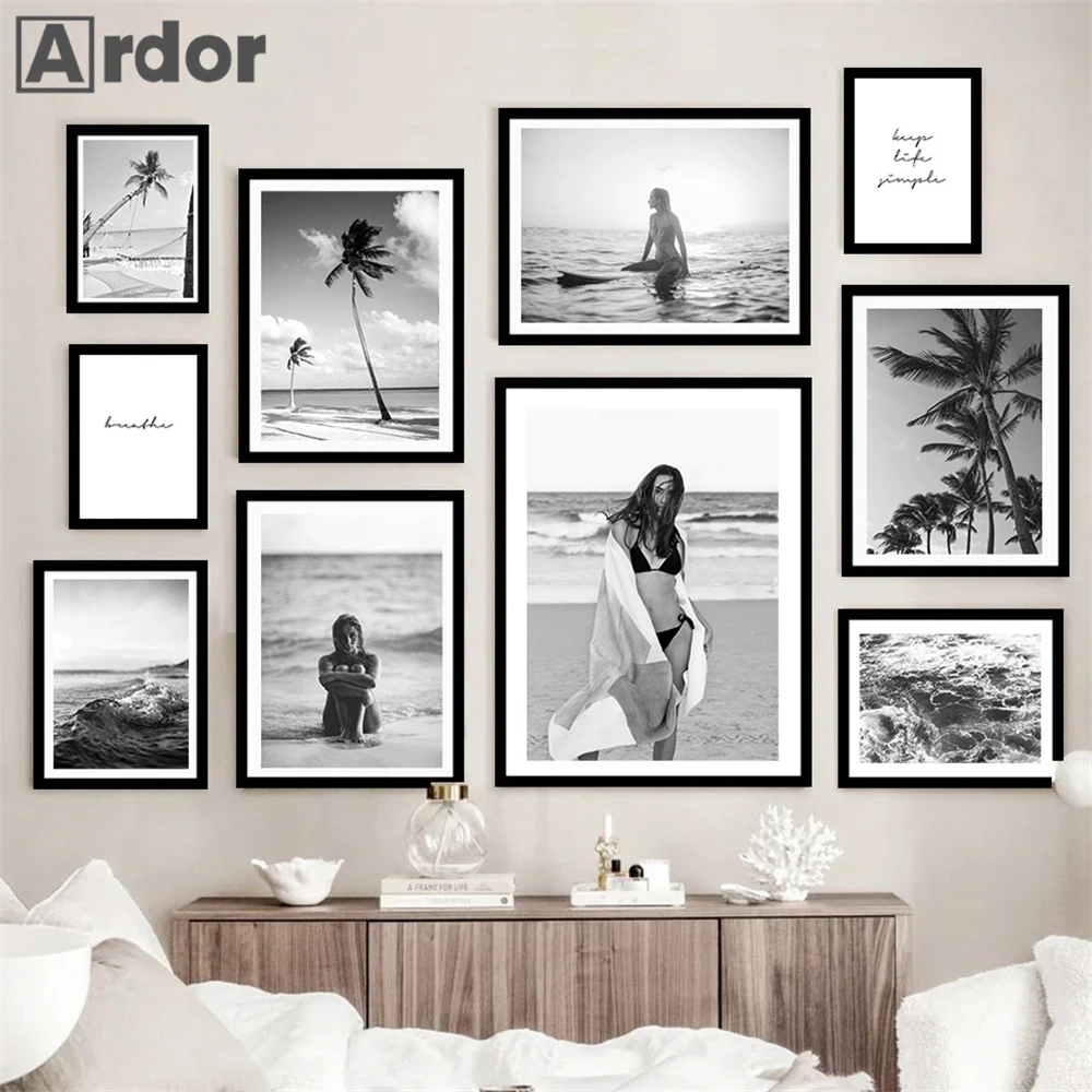 Black And White Beach Girl Poster Coconut Tree Wall Art Canvas Painting Sea Waves Print Pictures Nordic Posters Home Decoration