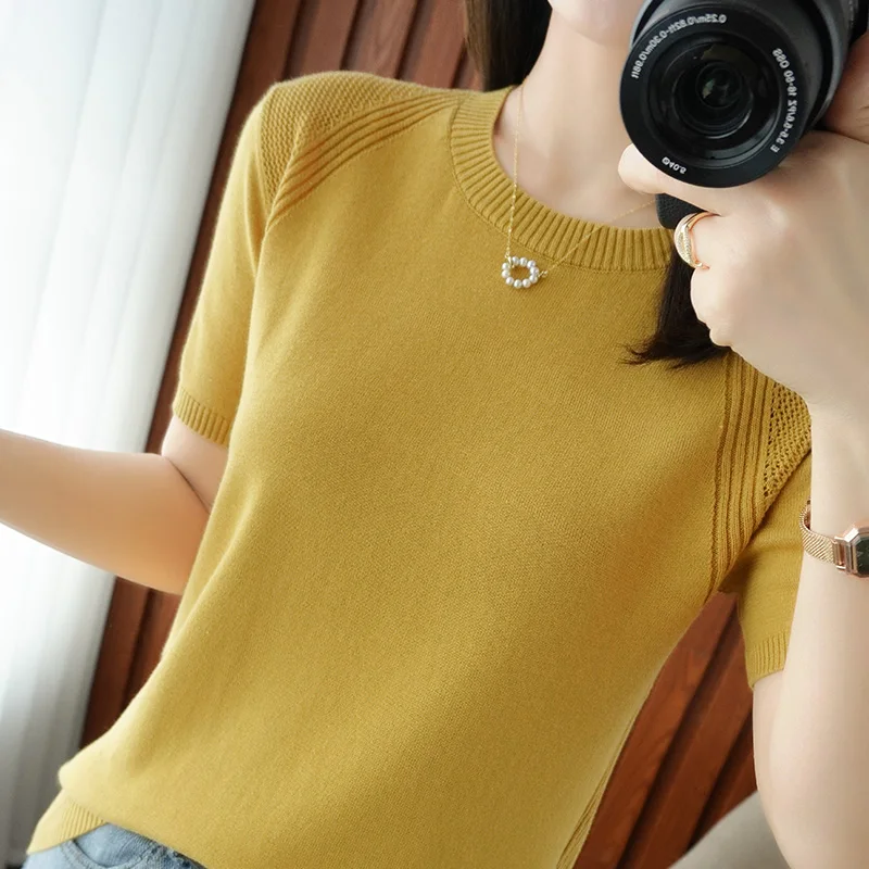 

T-shirt women 2022 new round neck sweater casual top women tees slim Korean pullover large size Hollow out cotton short sleeve