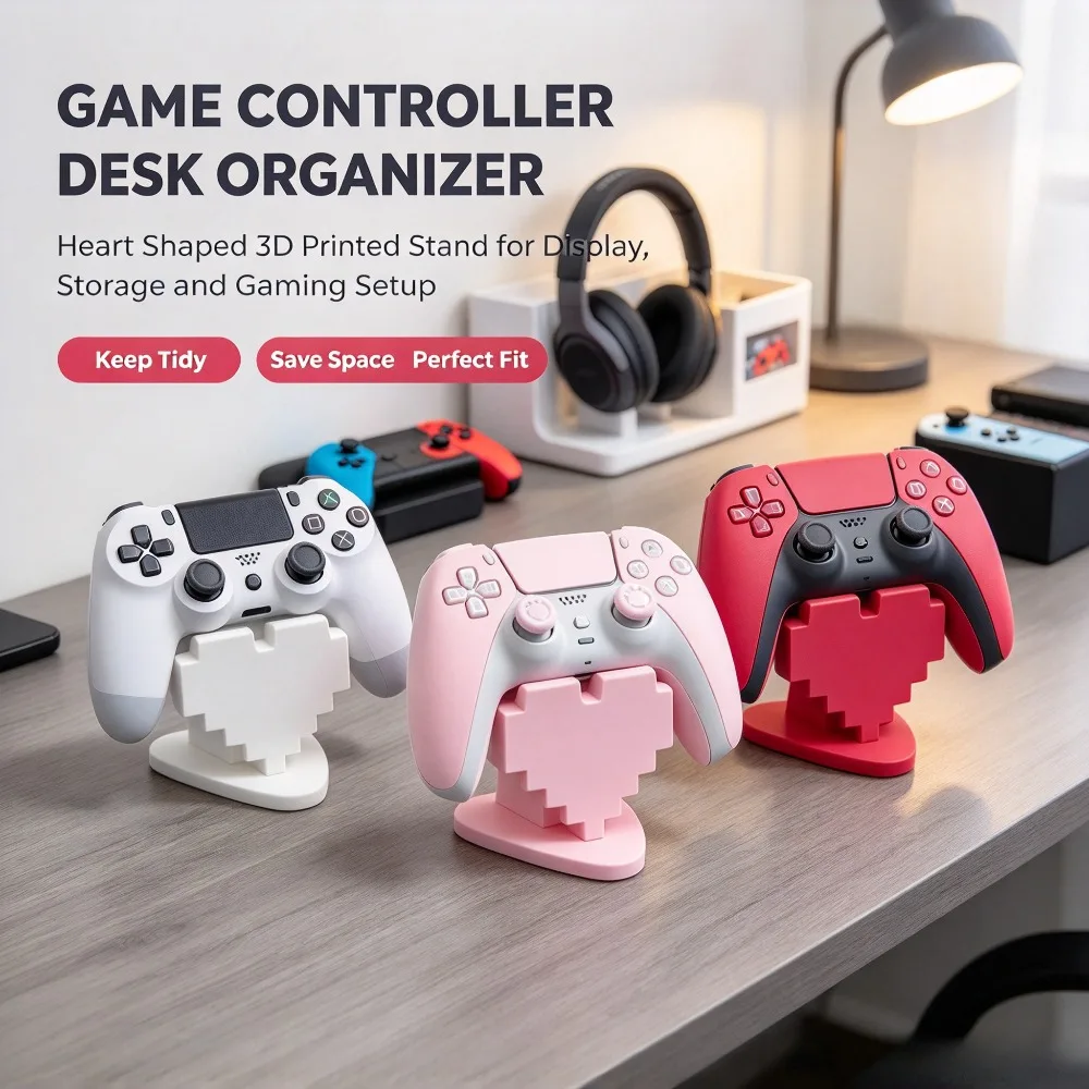 Game Controller Holder 3D Printed Heart Shaped Stable Base Desktop Display Rack Storage Craft Decor Gaming Setup