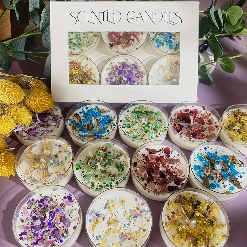 Set of 6 Scented Candles, Crystal Stone Dried Flower Scented Candle, Colourful Sequin Decoration, Holiday Decoration