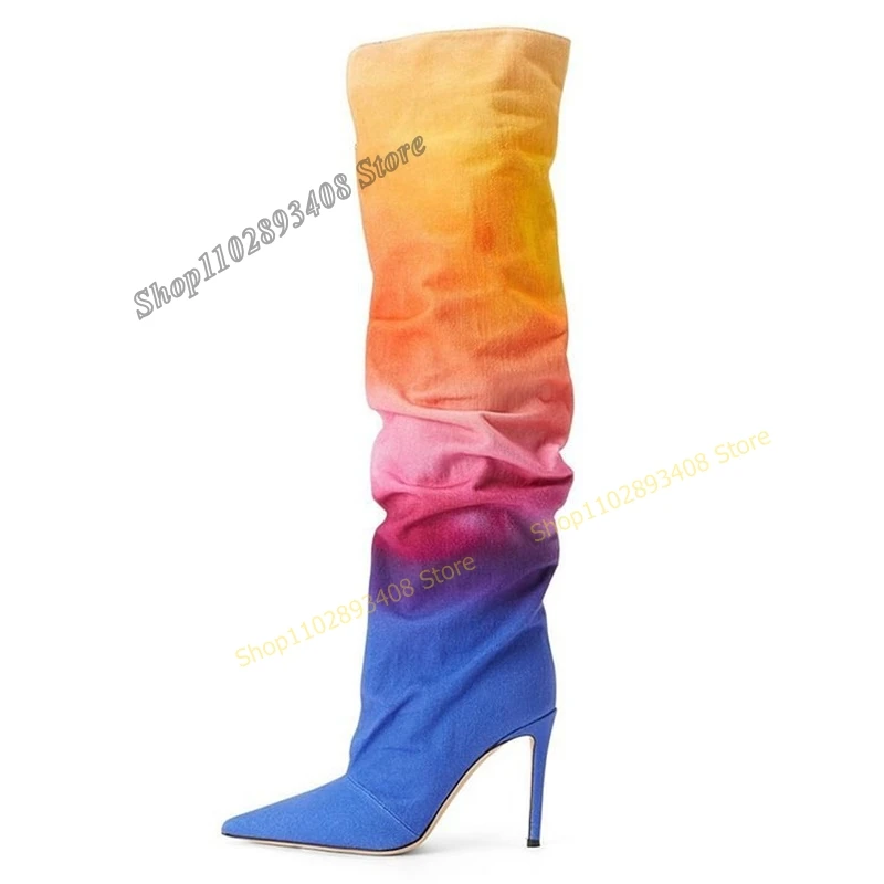 

Mixed Color Over the Knee Boots Pointed Toe Stilettos High Heel Design Western Women Shoes 2023 Fashion Sexy Zapatos Para Mujere