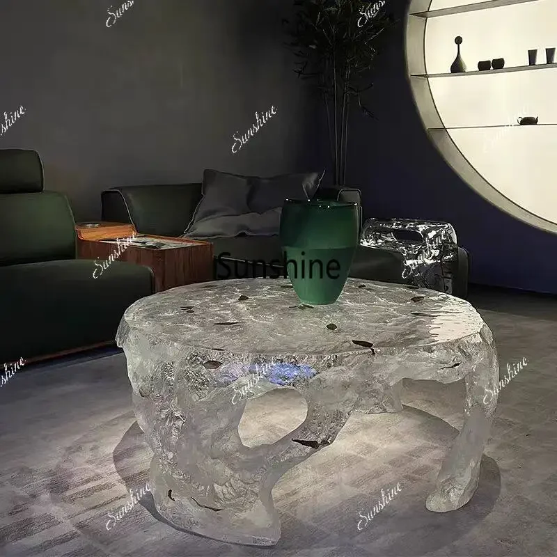 YLiving room crystal transparent water ripple coffee table light luxury round high-end artistic design