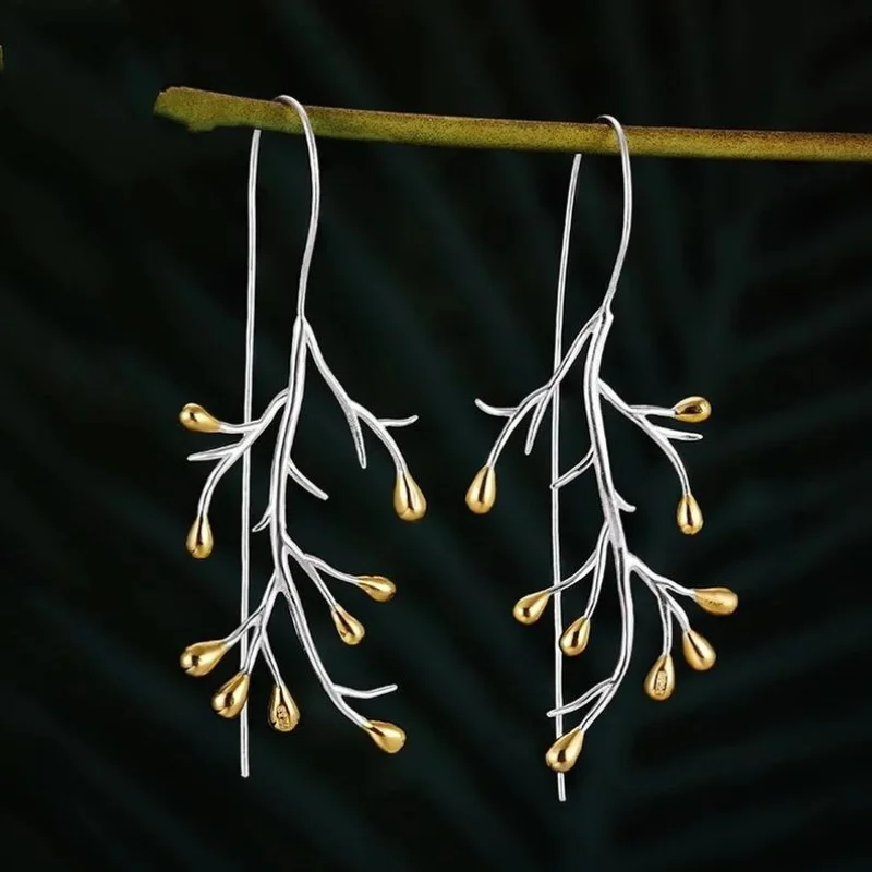 Vintage Silver Gold Color Metal Carving Branch Earrings Fashion Long Dangle Earrings for Women Jewelry