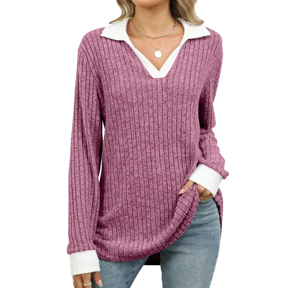 Women Long Sleeve Lightweight Sweater Shirt Tops Lapel V Neck