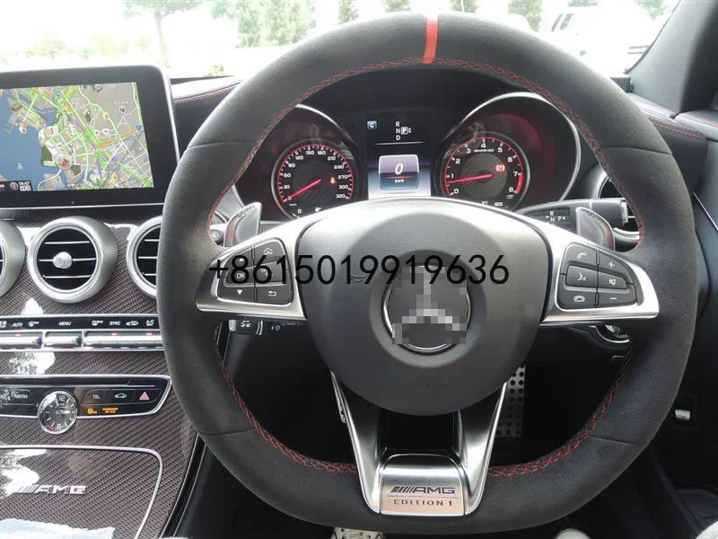 For Benz AMG C63S High Quality Hand-stitched Anti-Slip Black Suede Red Thread DIY Steering Wheel Cover