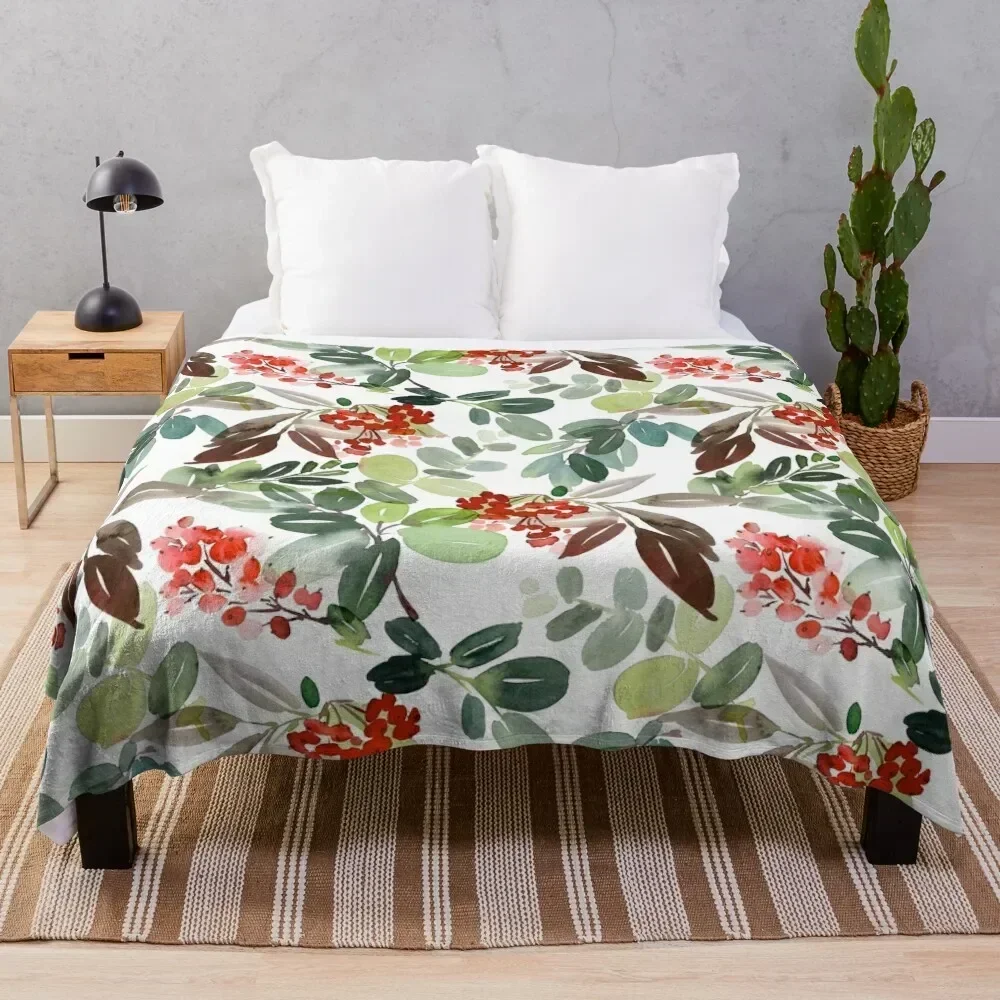 Watercolour Rowan Berries Throw Blanket No Pilling Soft Warm Blanket for Bed