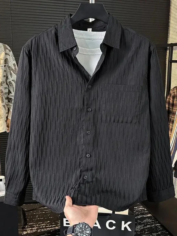 Casual Ice Silk Bubble Men's Anti-Wrinkle Summer Loose Fashionable Long Sleeve Shirt Urban Style Flip Collar Button Closure image 3
