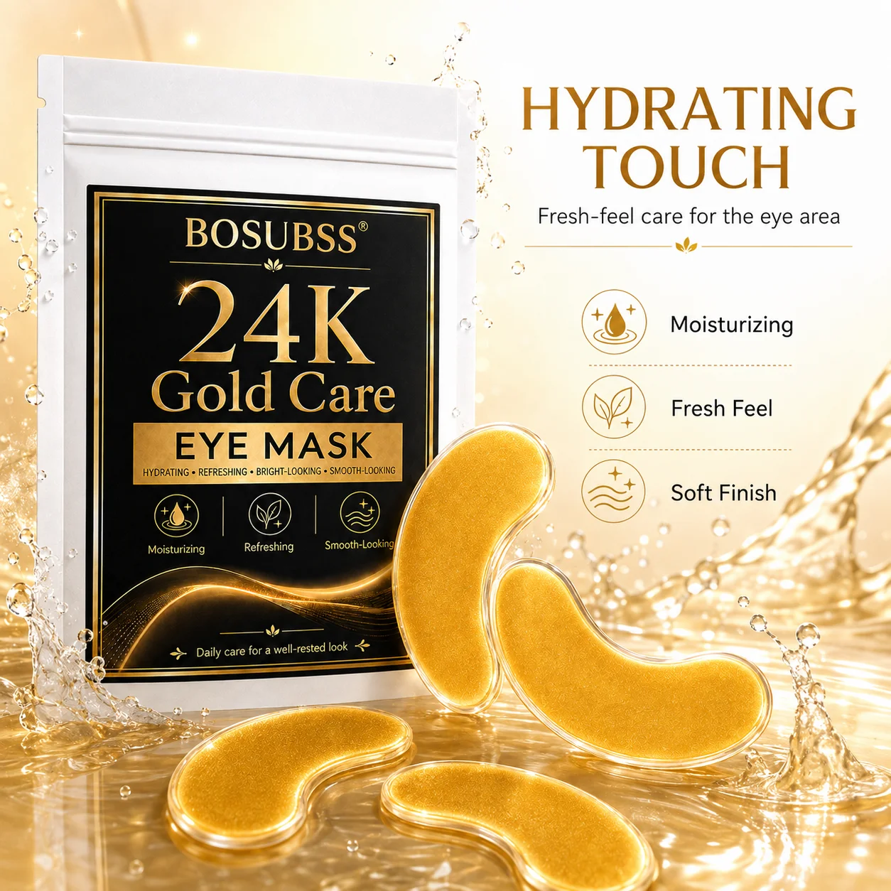 BOSUBSS 24K Gold Under Eye Patches, Moisturizing Refreshing Eye Mask for Hydrating Bright Smooth-Looking Eye Skin