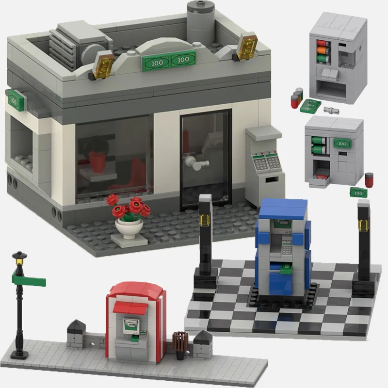 MOC City Street View Bank ATM Scene Building Blocks Safe Strongbox Dollar Money Treasure Vending Machine Accessories Brick Toys