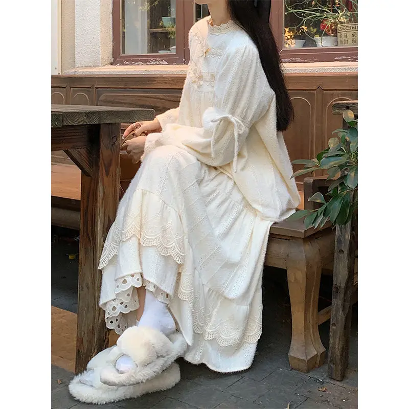 Casual Travel Sweet Bow Tie Tied Long Sleeved Lace Shirt Half Skirt for Women In Spring Autumn and Summer