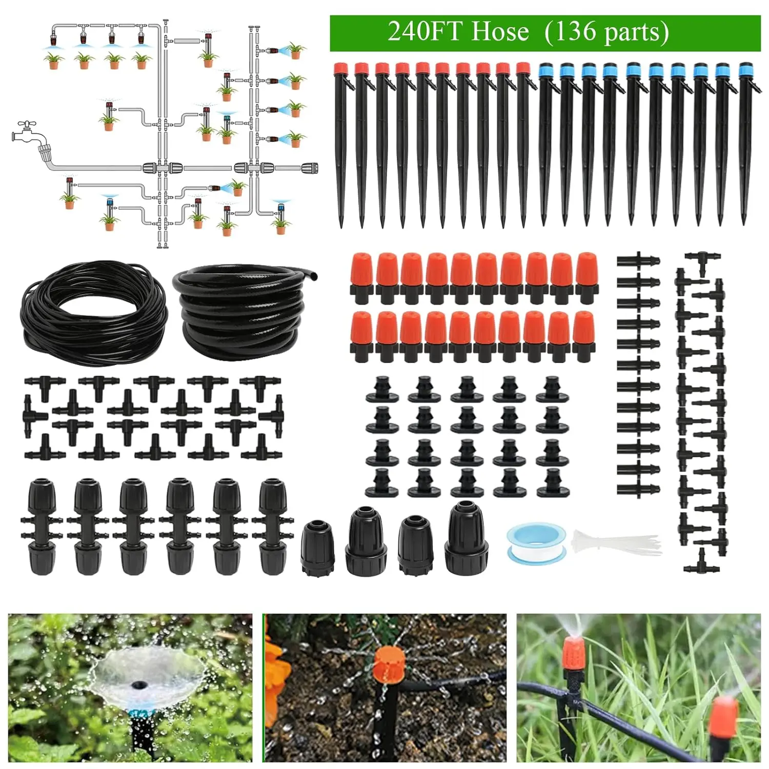 240FT Drip Irrigation System Kit, Automatic Garden Watering Misting System for Greenhouse