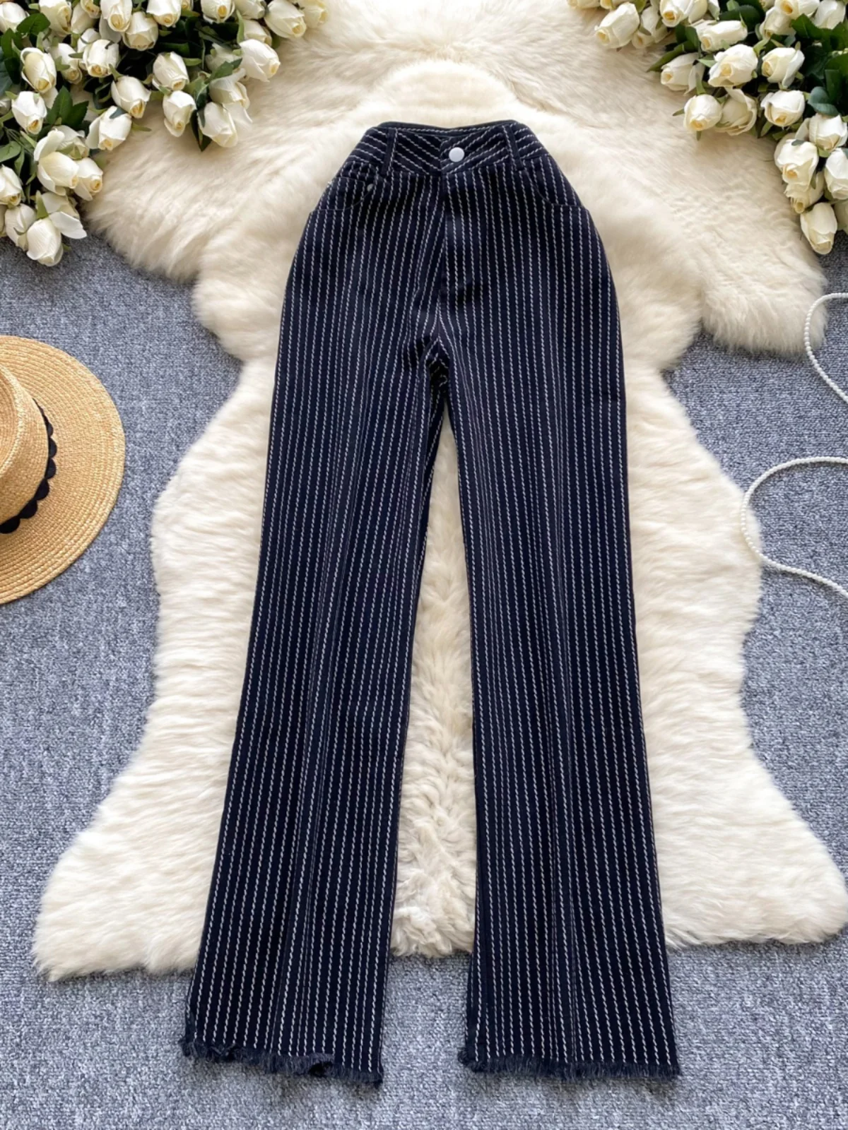 

Брюки с высокой талией в полоску, винтажные, с эффектом потертости, повседневные, прямые, удлиняющие ноги