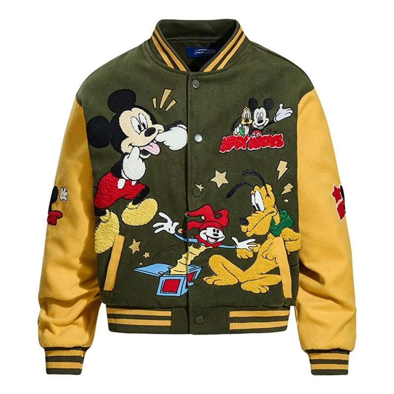 

MINISO 2025 Новое поступление, топ с рукавами в рубчик, модный теплый свободный кардиган с вышивкой Микки Мауса, повседневная бейсбольная куртка Ins