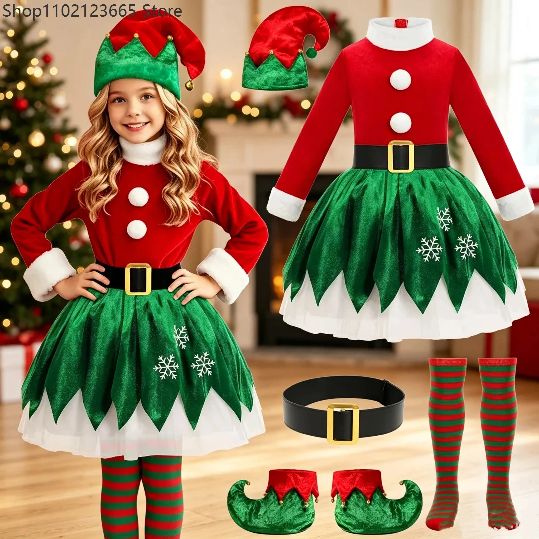 Disfraz de Navidad para Niña, Disfraz de Duende Verde, Vestido de Tutú, Sombrero, Cinturón, Calcetines, Cubre Zapatos, Conjunto de Disfraces de Navidad y Año Nuevo