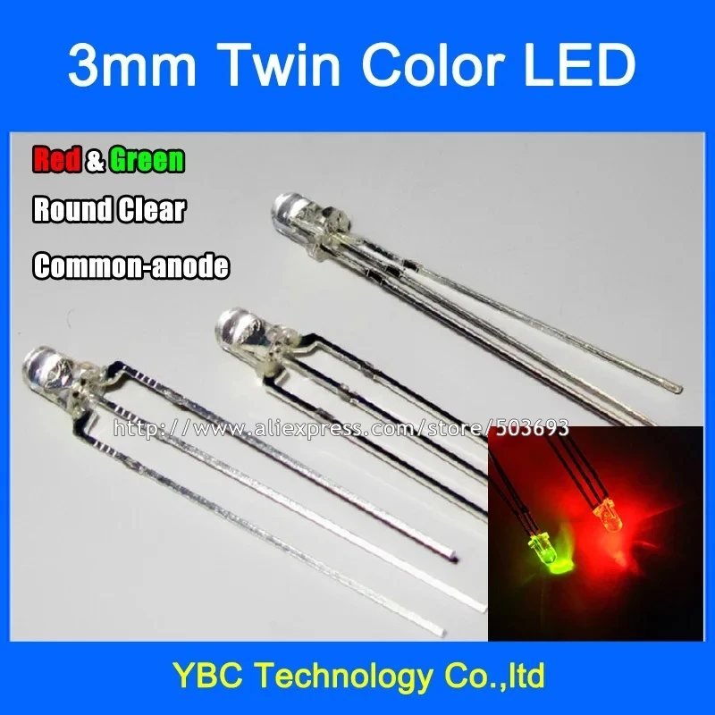 200pcs/lot 3mm Red Green LED Common Cathode Common Anode 3Pin F3 Round  Water Clear Diodes