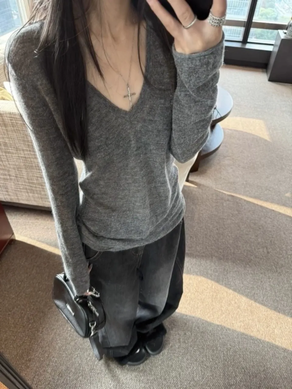 Coreano Sle ey V-Ne Lungo Sve Top lavorato a maglia Donna Autunno Inverno Slim Fit Strato base irt Abbigliamento interno T-irt di colore puro