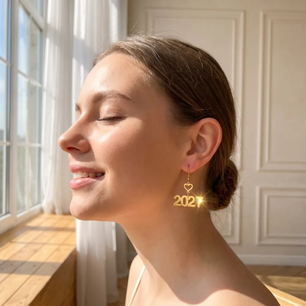 Elegant 2027 Digital Earrings Hollowed-out Fashion Metal Alloy Happy New Year Earrings Love Heart Design Long Drop Stud Earrings