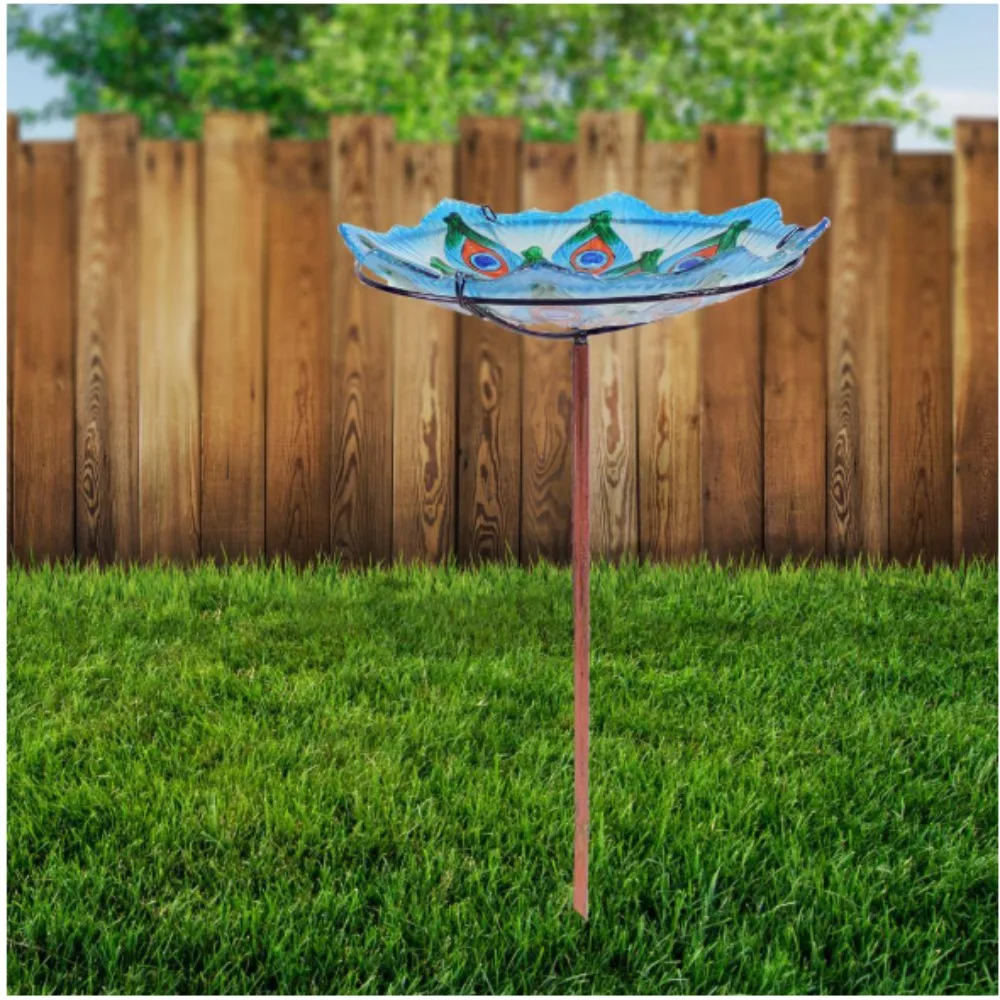 

Exquisite Feathers Deck-Mounted Glass Birdbath with Stake