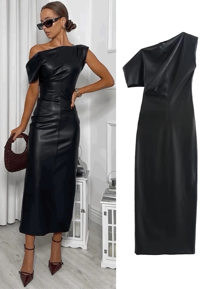 

TRAFZA Women Black Sleeveless Back Zipper Midi Dress 2024 Summer Woman Asymmetrical Slit Hem Folds Decorate Slim Party Dress