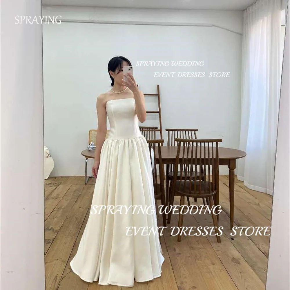 

SPRAYING Simple A-line Draped Pleat Floor-Length long wedding dresses Strapless Soft Satin Bridal Dress