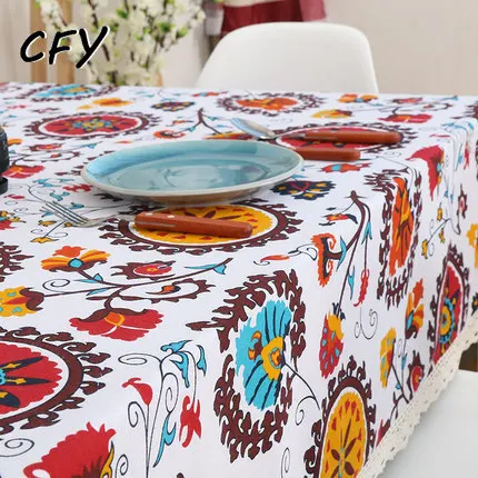 American Pastoral Ethnic Style Print Cotton Linen Rectangular Tablecloth Home Coffee Dining Table Fireplace Microwave Cover