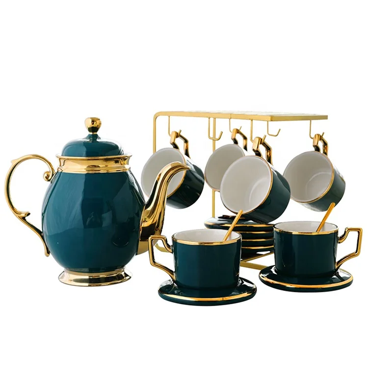 

# Hot Sales Hot Sale Luxury Nordic Green Color Gilding Kitchen Accessories Ceramic Coffee Tea Sets