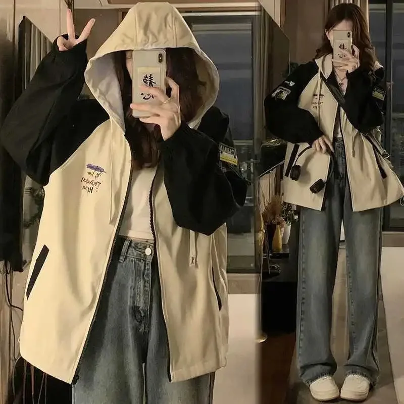 College-Style Women's Hooded Jacket Spring/Fall New Arrival Student-Friendly Loose Fit Casual Versatile Trench Coat