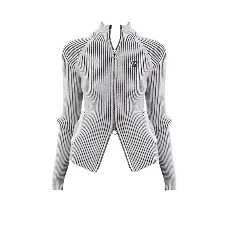 Deeptown Vintage Zipper Grey Knitted Cardigan Women Y2k Grunge Sweater Jackets American Retro Streetwear Cardigan Aesthetics