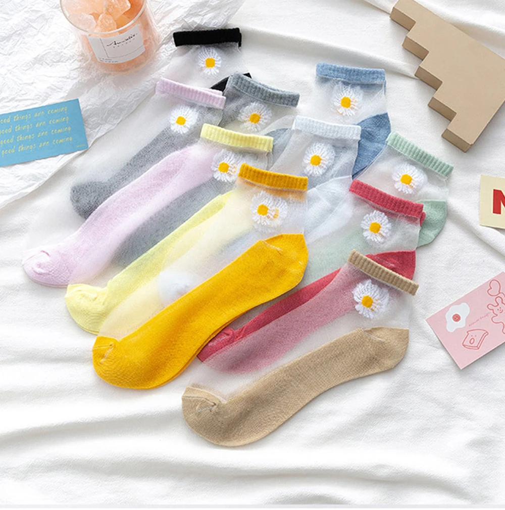 10 Paar Frauen weiße Gänseblümchen Blume kurze Socken Set Mode Sommer dünne atmungsaktive Bonbon farbe transparente Kristall Seide Söckchen – Detail 2