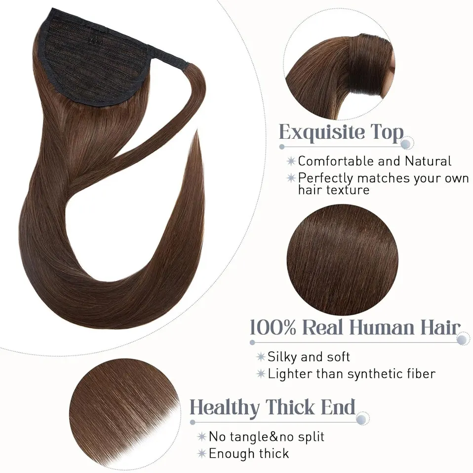 Ponytail Hair Extension Real Human Hair Clip In Wrap Around Long Straight Ponytail With Magic Paste Pony Hairpieces for Women