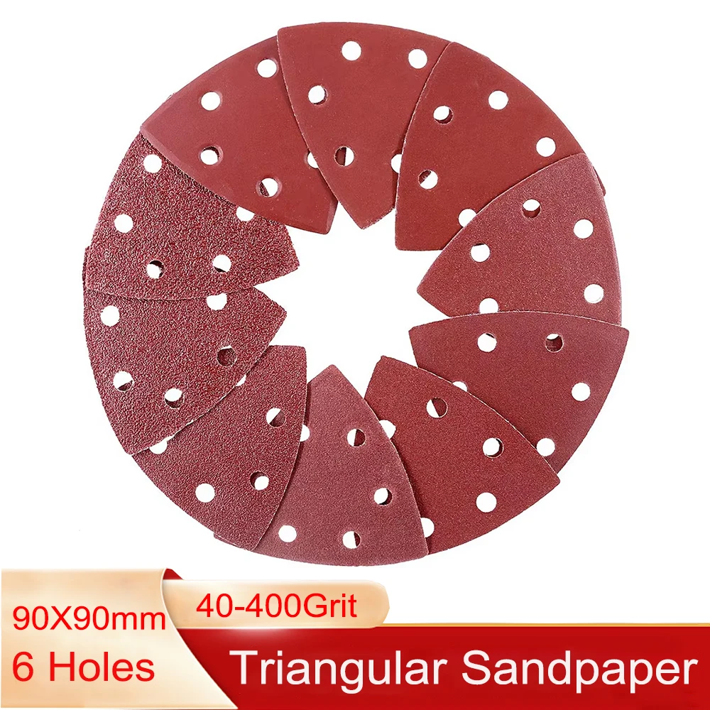 

90mm 6 Holes Triangle Sandpaper 40-400 Grit Sand Paper Pads Hook & Loop Sanding Discs for Delta Sander Wood Metal Polishing