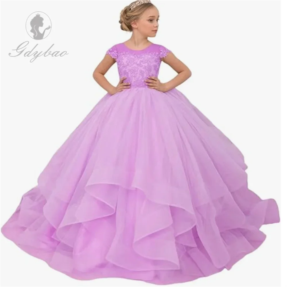 A + vestido de tul con Apliques de encaje para niña, vestidos de desfile de princesa de manga corta, vestidos de fiesta, vestido de princesa para niña de boda