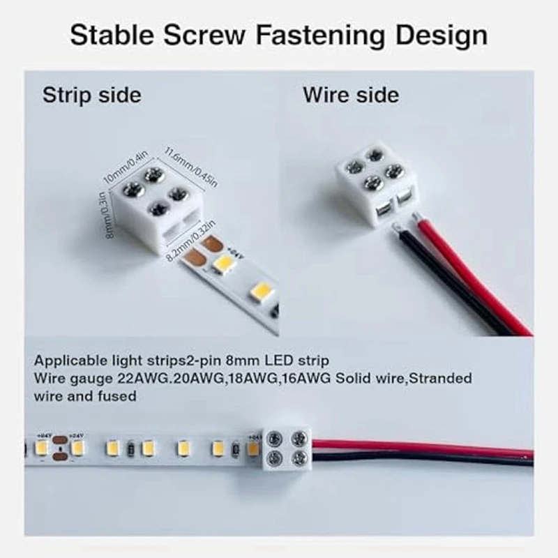 12PCS Led Strip Light Connectors Solderless 2Pin 8Mm LED Connectors Strip To Wire For 5-24V Single Color LED Light Tape