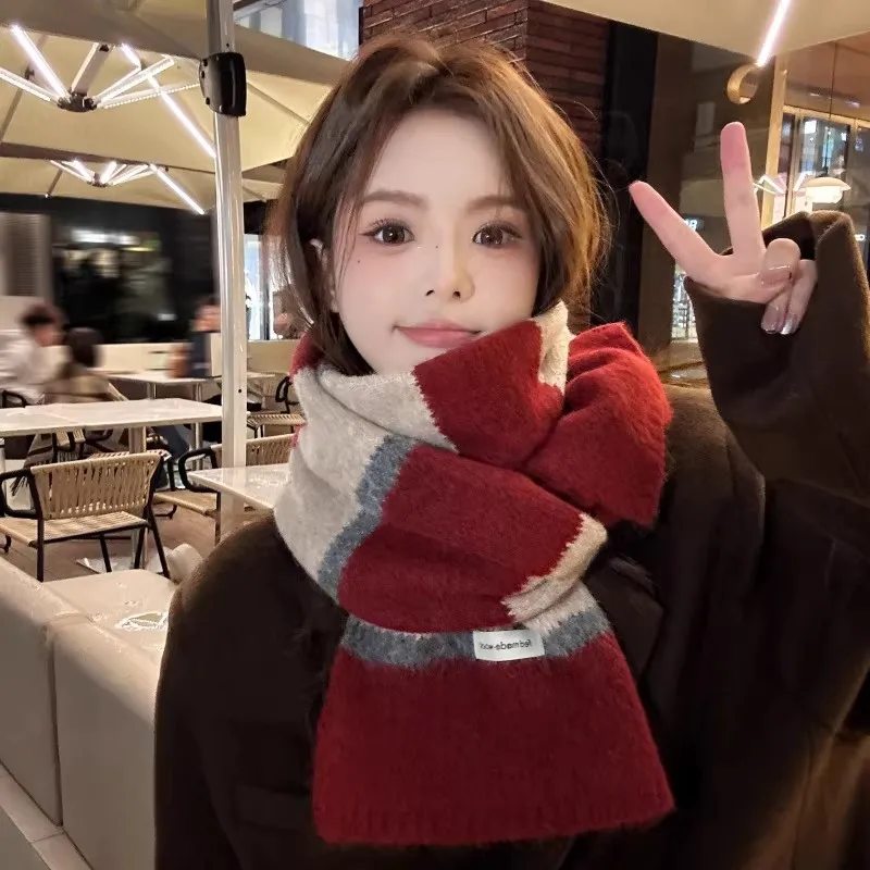 Echarpe-en-laine-melangee-tricotee-pour-femme-couleur-rouge-motif-bloquant-chaude-pour-l'hiver-cache-cou-tendance-style-coreen-marque-gp
