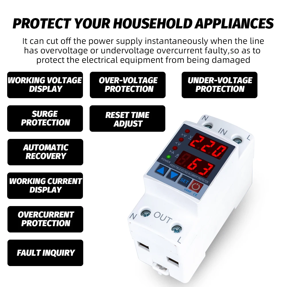 New Din Rail Volt Amp Protection 220V 230V 40/63A Adjustable Over Under Voltage Protective Device Protector Current Protect