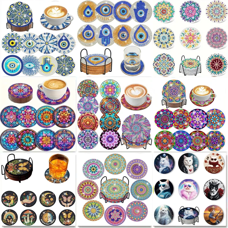 8 Pieces of Diamond Art Painting Coasters with Brackets, DIY Eye Series Diamond Art Coasters, Suitable for Adults and Beginners