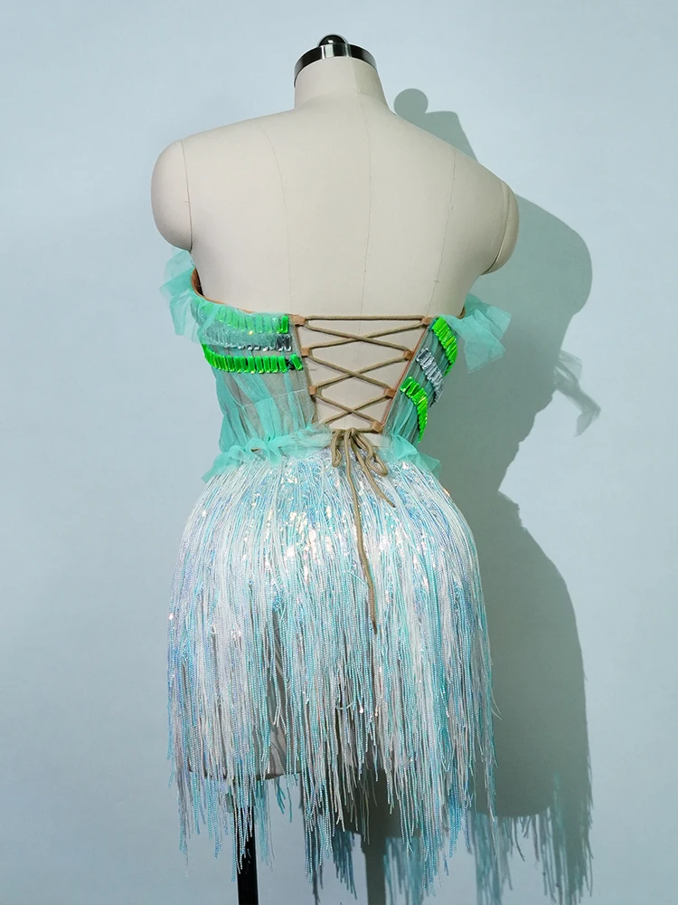 Nueva Falda corta de 2 piezas con borlas de Drag Queen de cristal Sexy vestido de fiesta de cumpleaños para mujer disfraz de escenario actuación de bailarina de Club