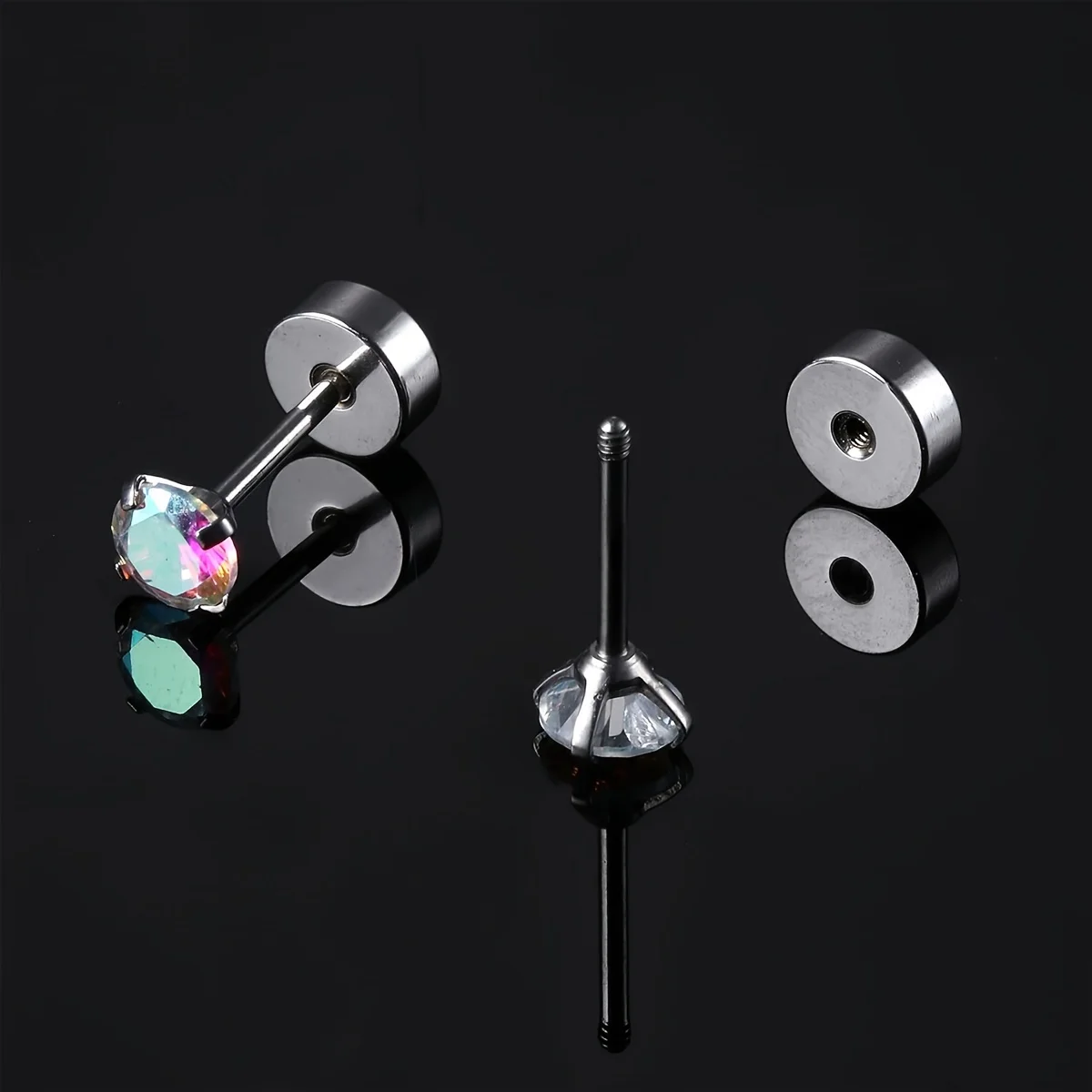 1 Pair Stainless Steel Round Cubic Zirconia Flat Back Stud Earrings Piercing Sleeper Cartilage Screwback Studs for Women Men