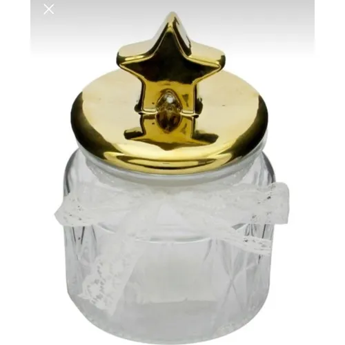 Miraç Ceramic Lid Gravürlü Small Size Glass Jar-Gold Star