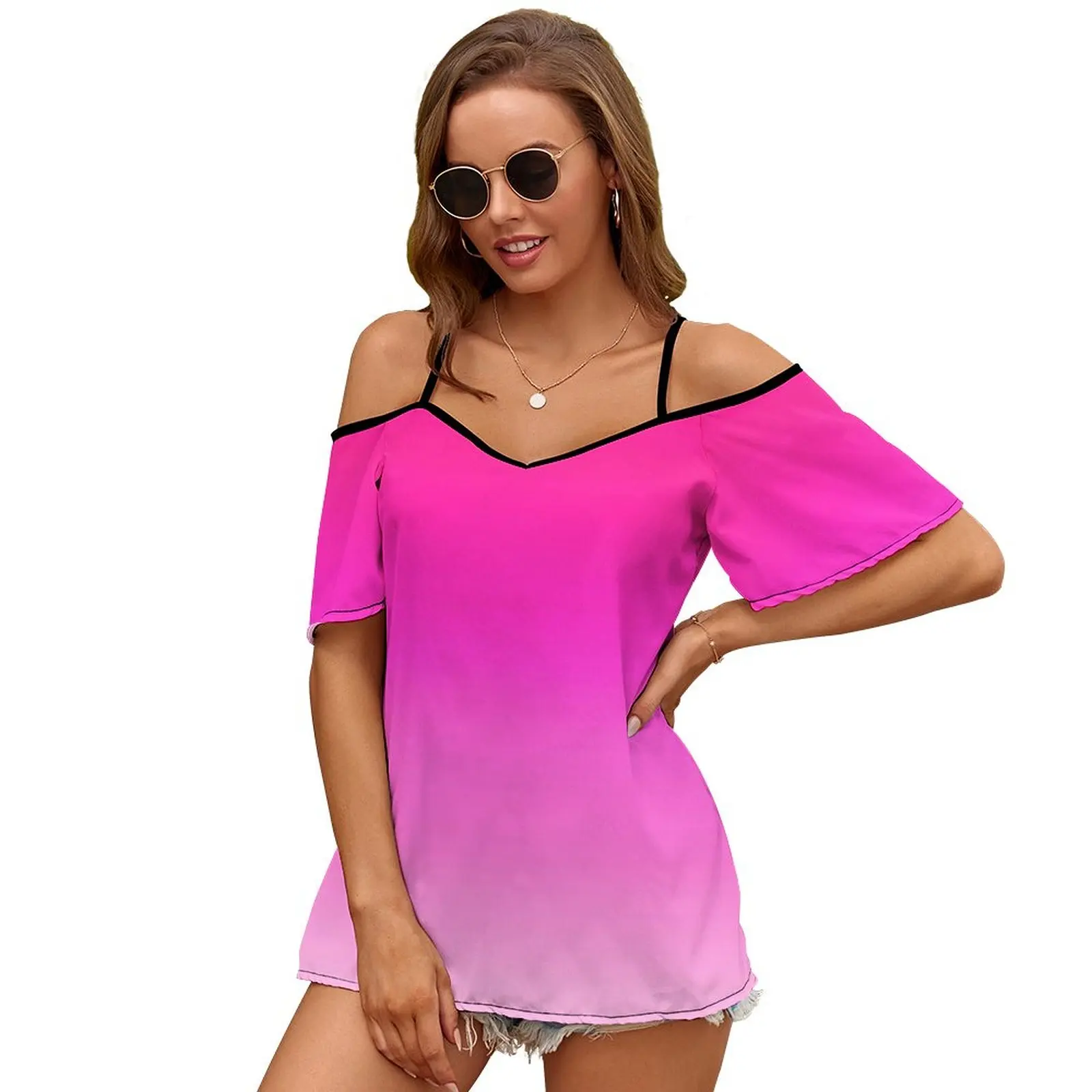 Think Pink Ombre Gradient Tie Dye Sexy And Club Fashion Female T-Shirt Short Sleeve Off Shoulder Lady T Shirts Pink New Orleans