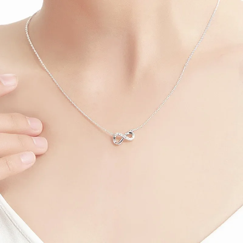 Classic 925 Sterling Silver Inlaid Tiny Zircon Mobius Pendant Necklace for Women Girls Collarbone Chain Infinite Symbol Jewelry