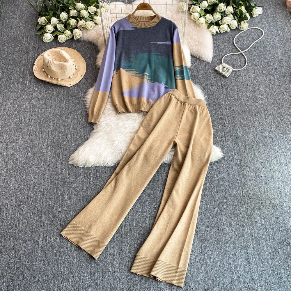 

Tie-dyed Trousers Knitted Set Long-sleeved Knitwear Women's Autumn Winter Two-piece Set Pullovers Sweater + Troussers