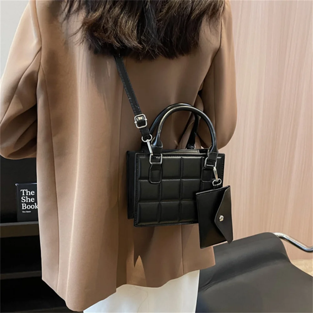 Single Strap Chequer Women Handbags Fashion Ladies PU Leather Shoulder Handbag Soft Solid Color Crossbody Bag Casual Ladies Tote