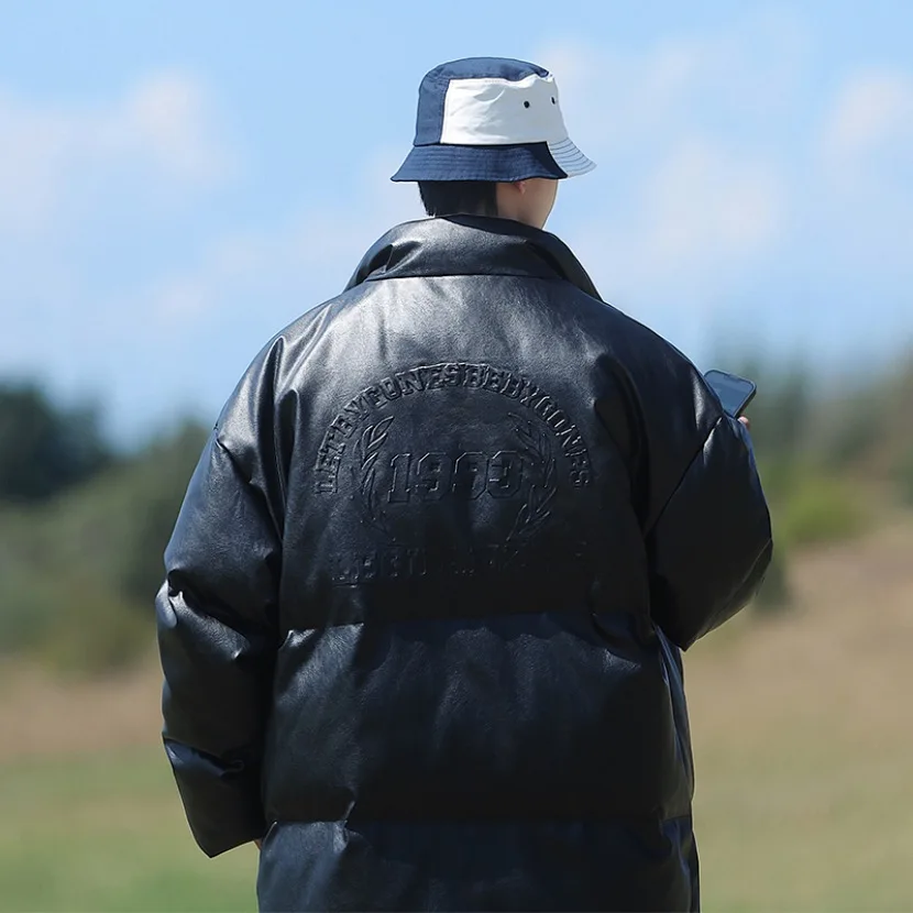 

Winter Thiened Bread Sle Men's Cotton Jaet y PU Leather Loose Fit Waterproof Youth Casual Faion Coat